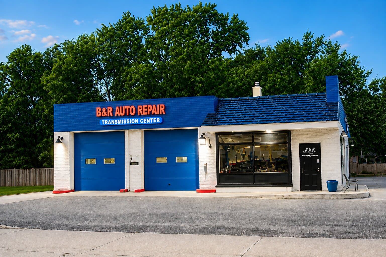 B&R Auto Repair storefront in Crystal, MN, red and blue signage