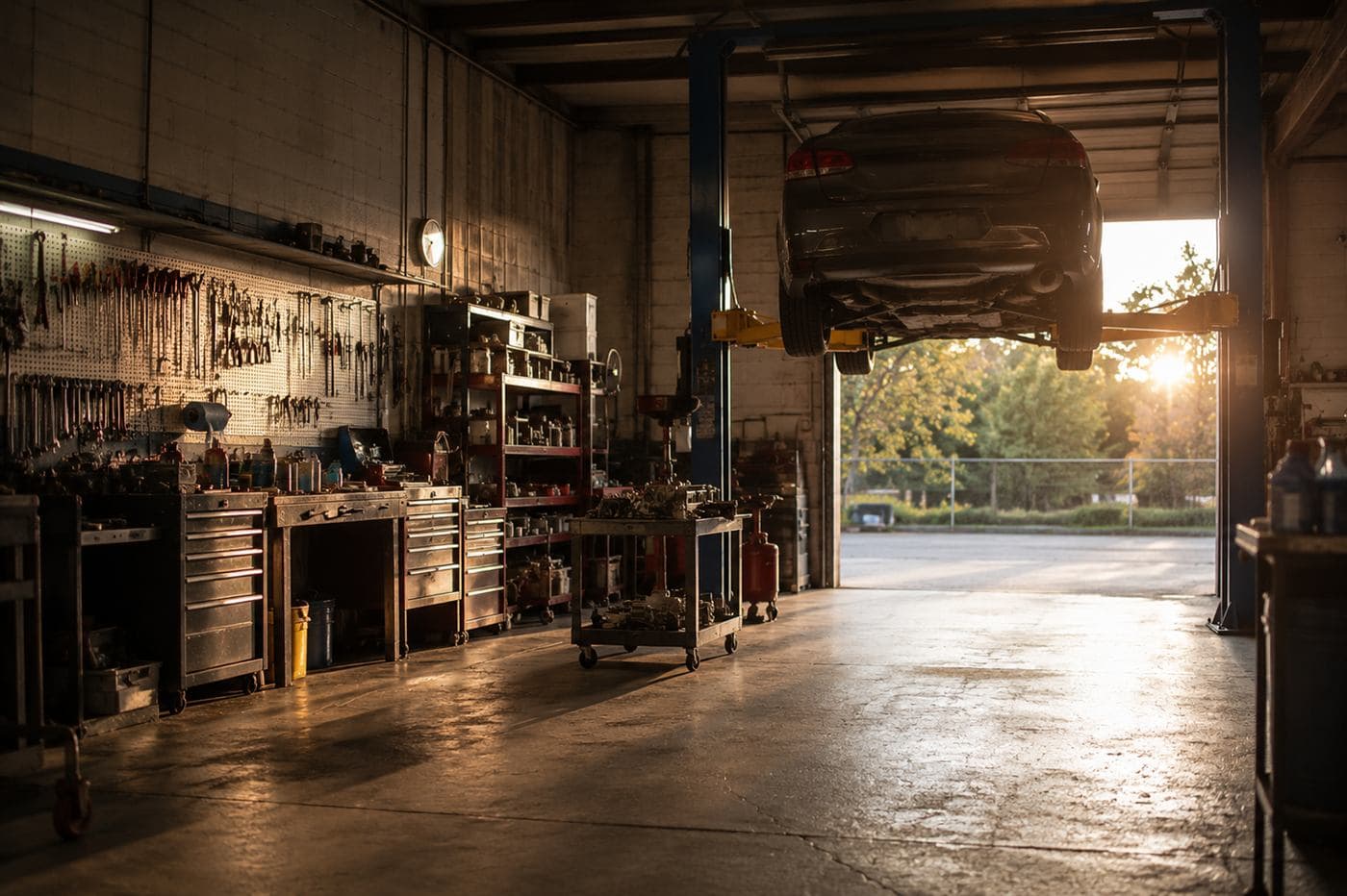 The shop floor, with a vehicle on the lift