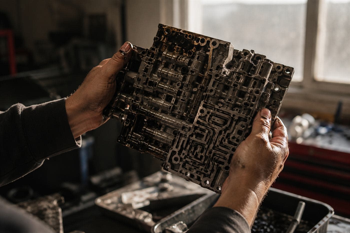 Technician examining a removed transmission valve body